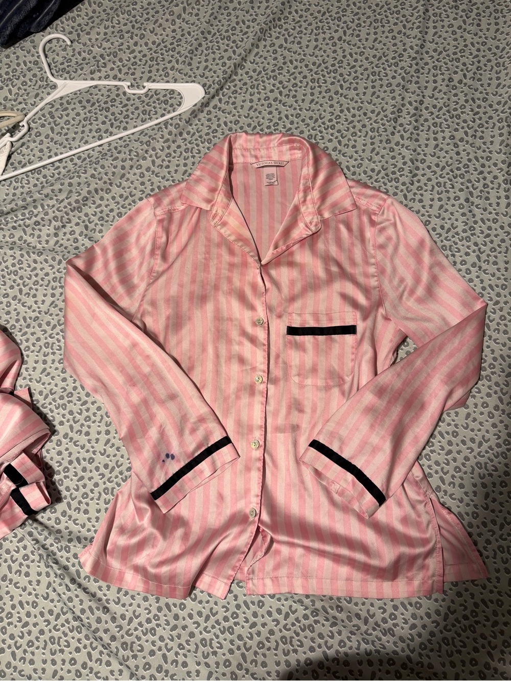 Victoria's Secret Pink Stripe Satin Pajama Shirt with Black Trim